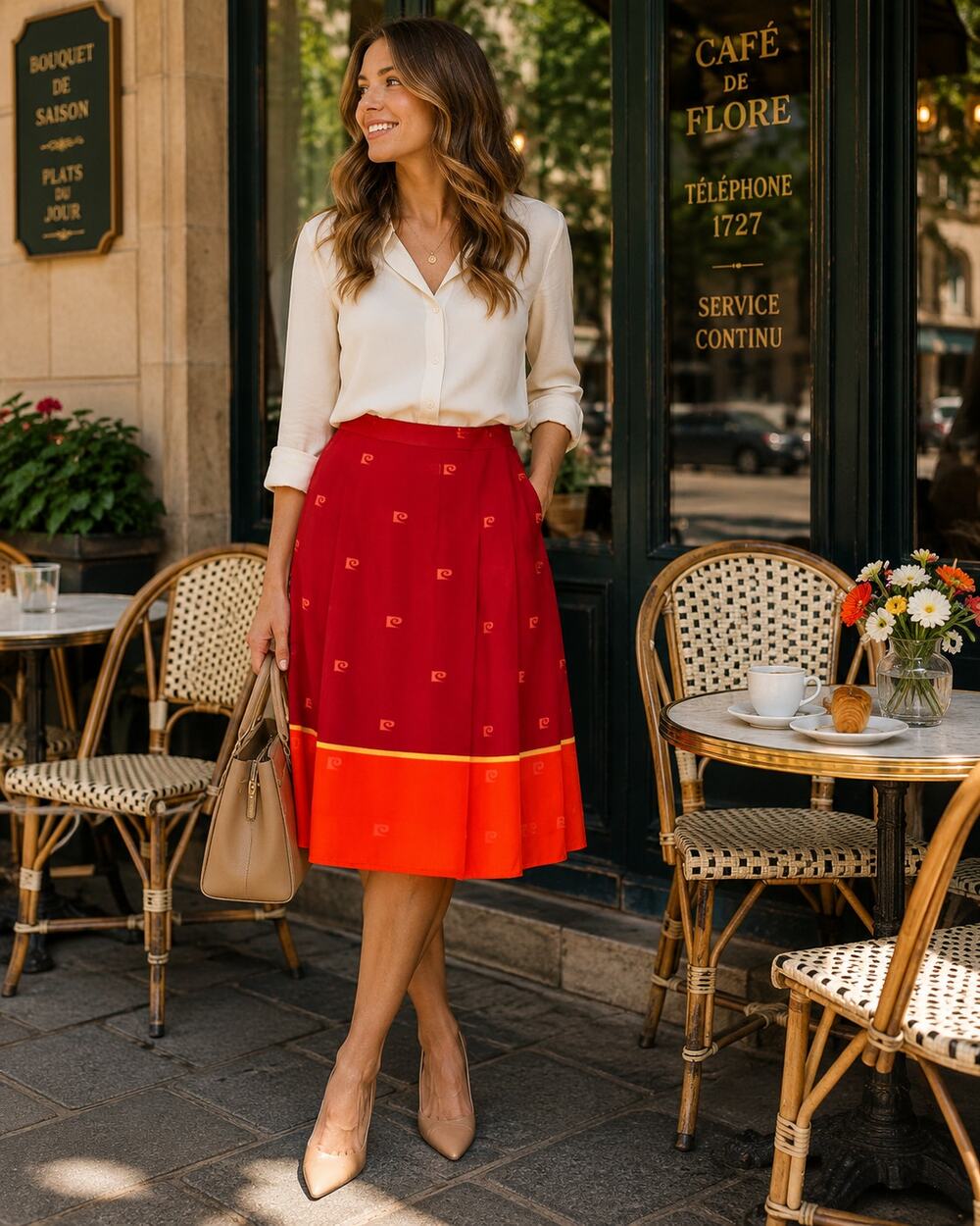 Pierre Cardin NWT Red Orange Pleated Midi Skirt Size 14 Colorblock